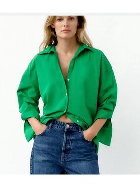 Zara Women Emerald Green Button-Down Shirt
